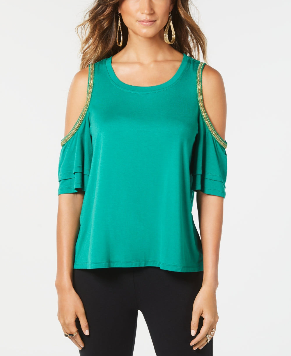 Thalia Sodi Women's Chain-Trim Cold-Shoulder Top Green Size Large