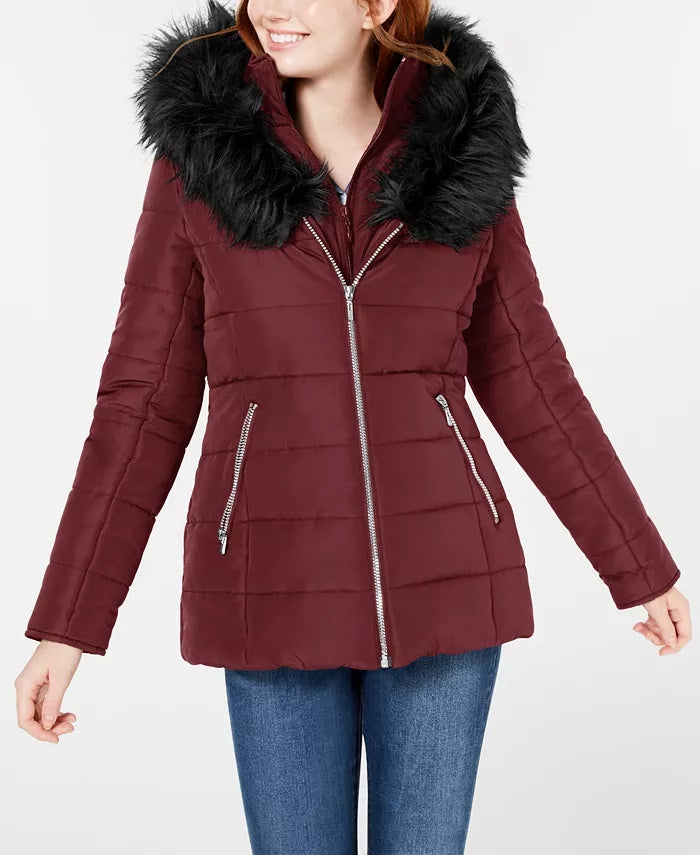 Maralyn & Me Women's Faux Hooded Water Resistant Puffer Winter Jacket Burgundy Size Large