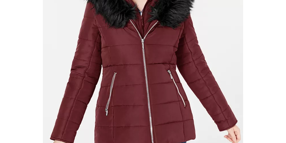 Maralyn & Me Women's Faux Hooded Water Resistant Puffer Winter Jacket Burgundy Size Large