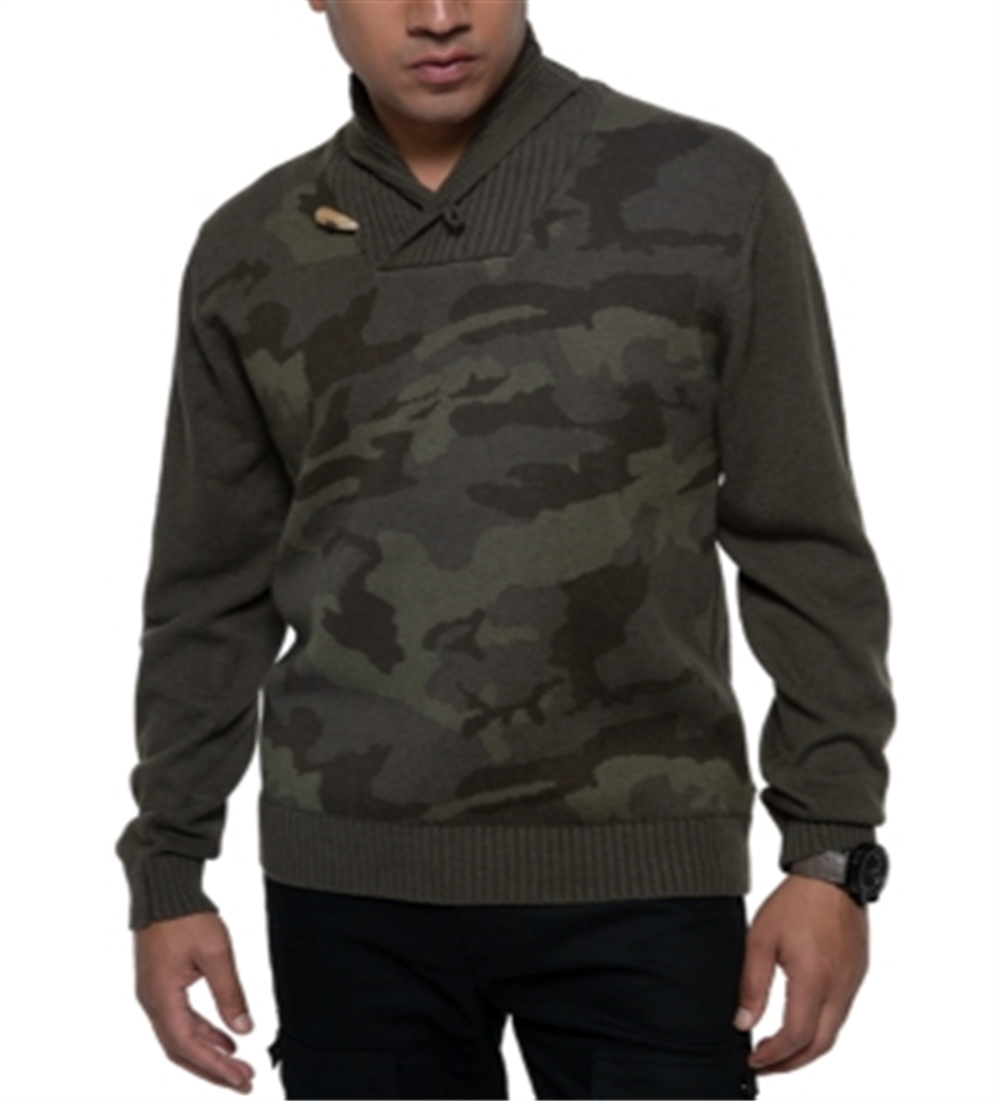 Sean John Men's Shawl Collar Camo Sweater Green Size S