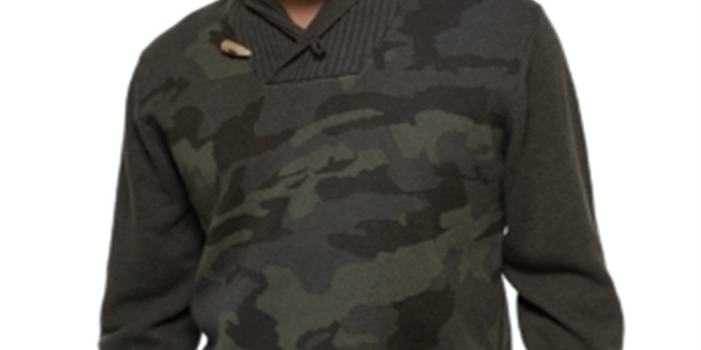 Sean John Men's Shawl Collar Camo Sweater Green Size S