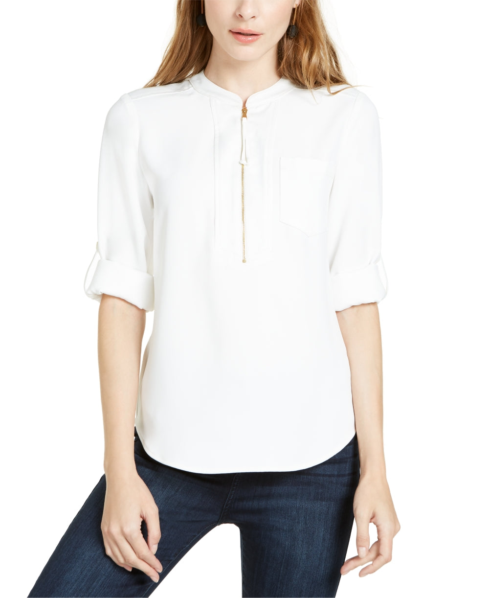 Trina Turk Women's Kaiko Zip-Front Roll-Tab-Sleeve Top White Size Small