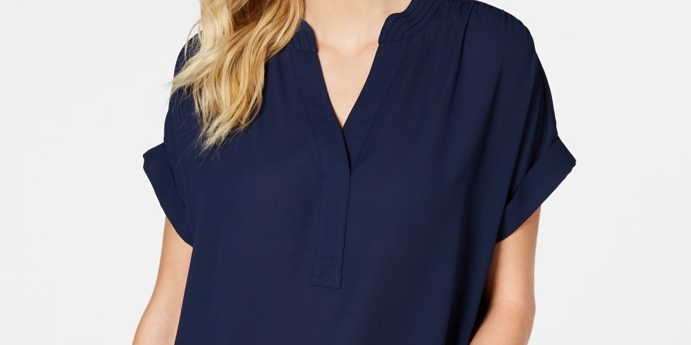 Charter Club Women's Split Neck Short Sleeve Top  Blue Size Petite Medium