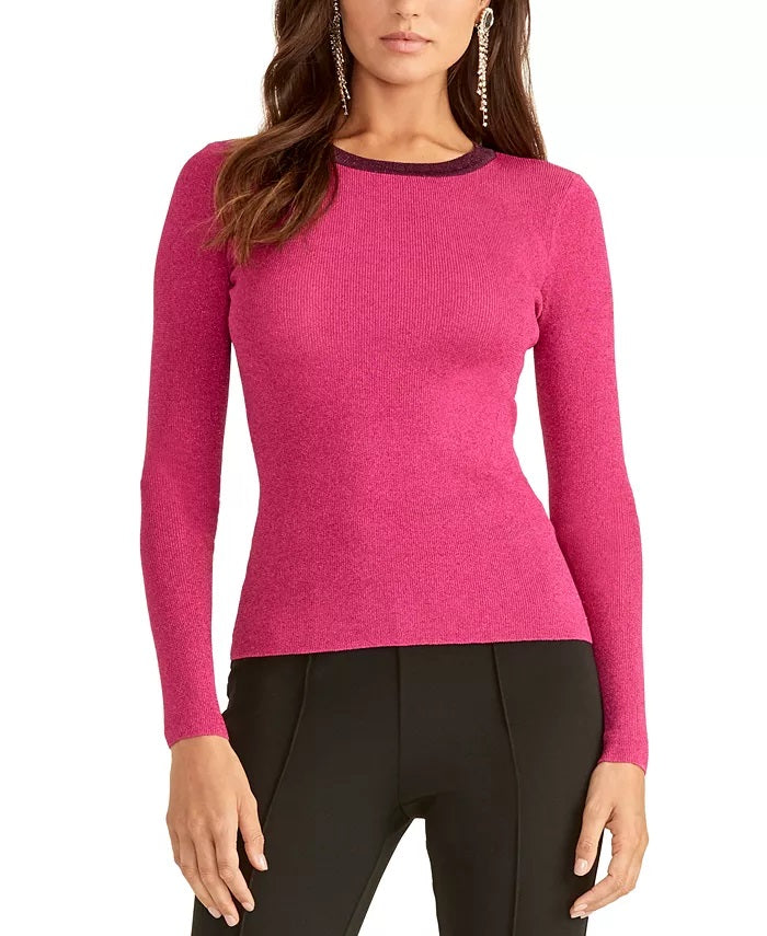 Rachel Roy Women's Glitter Long Sleeve Crew Neck Sweater Pink Size X-Small