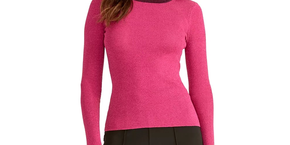 Rachel Roy Women's Glitter Long Sleeve Crew Neck Sweater Pink Size X-Small