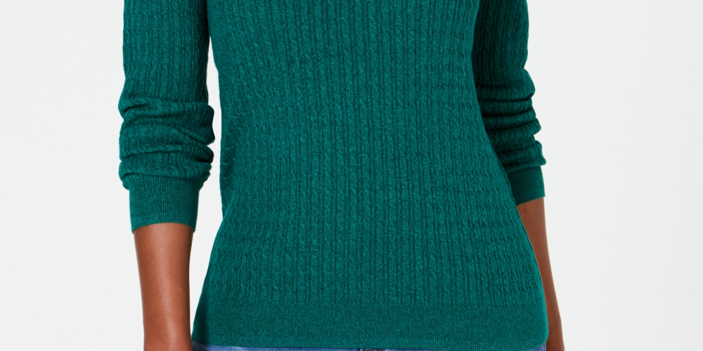 Karen Scott Women's Cotton Cable Knit Keyhole Sweater Green SizePetite XL