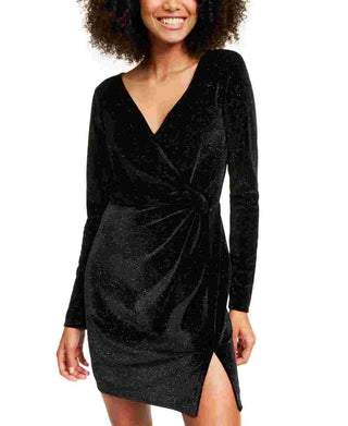 Trixxi Women's Glitter Long Sleeve V Neck Short Sheath Party Dress Black Size Large