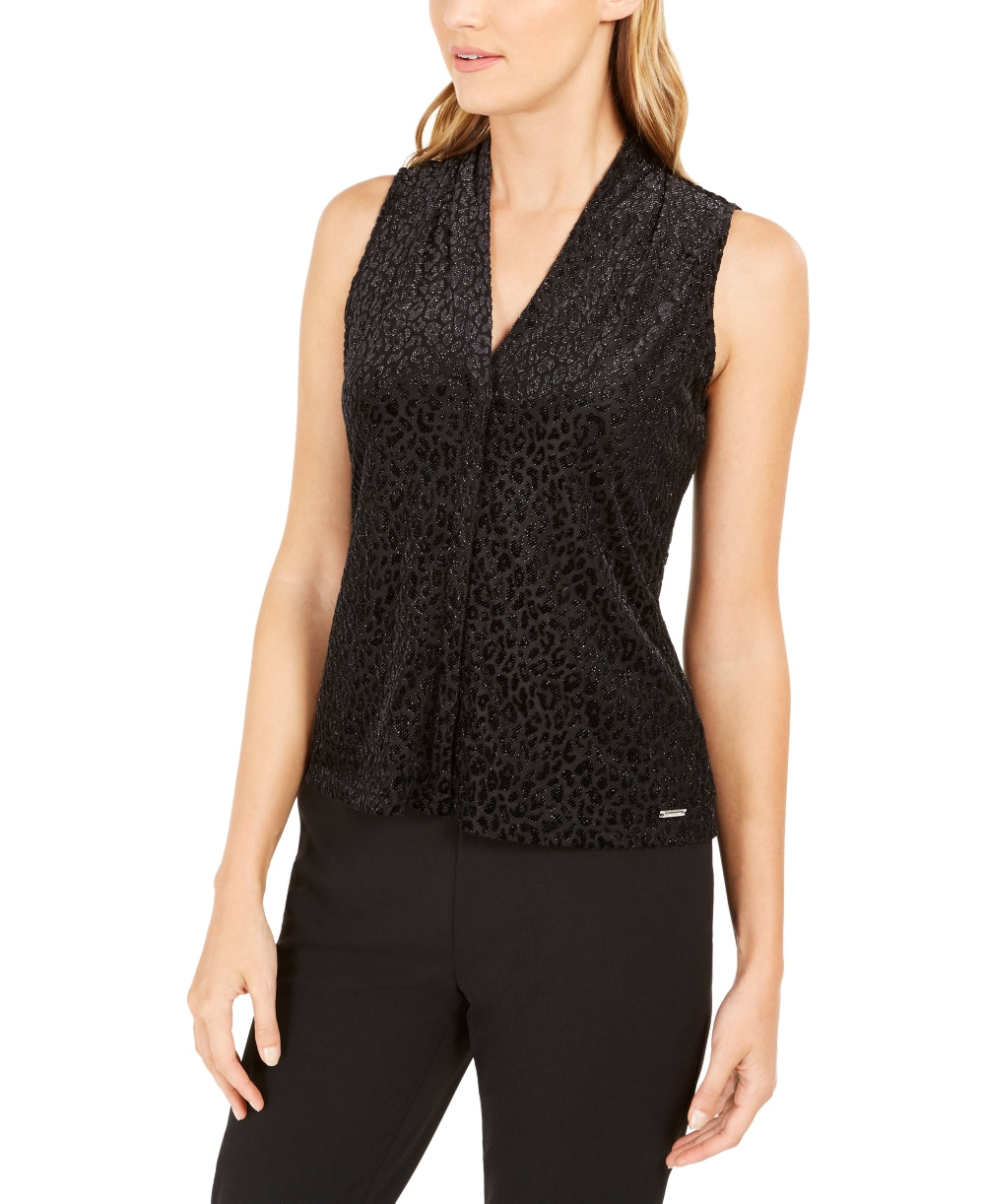 Calvin Klein Women's Textured Animal Print Top Silver Size Petite S