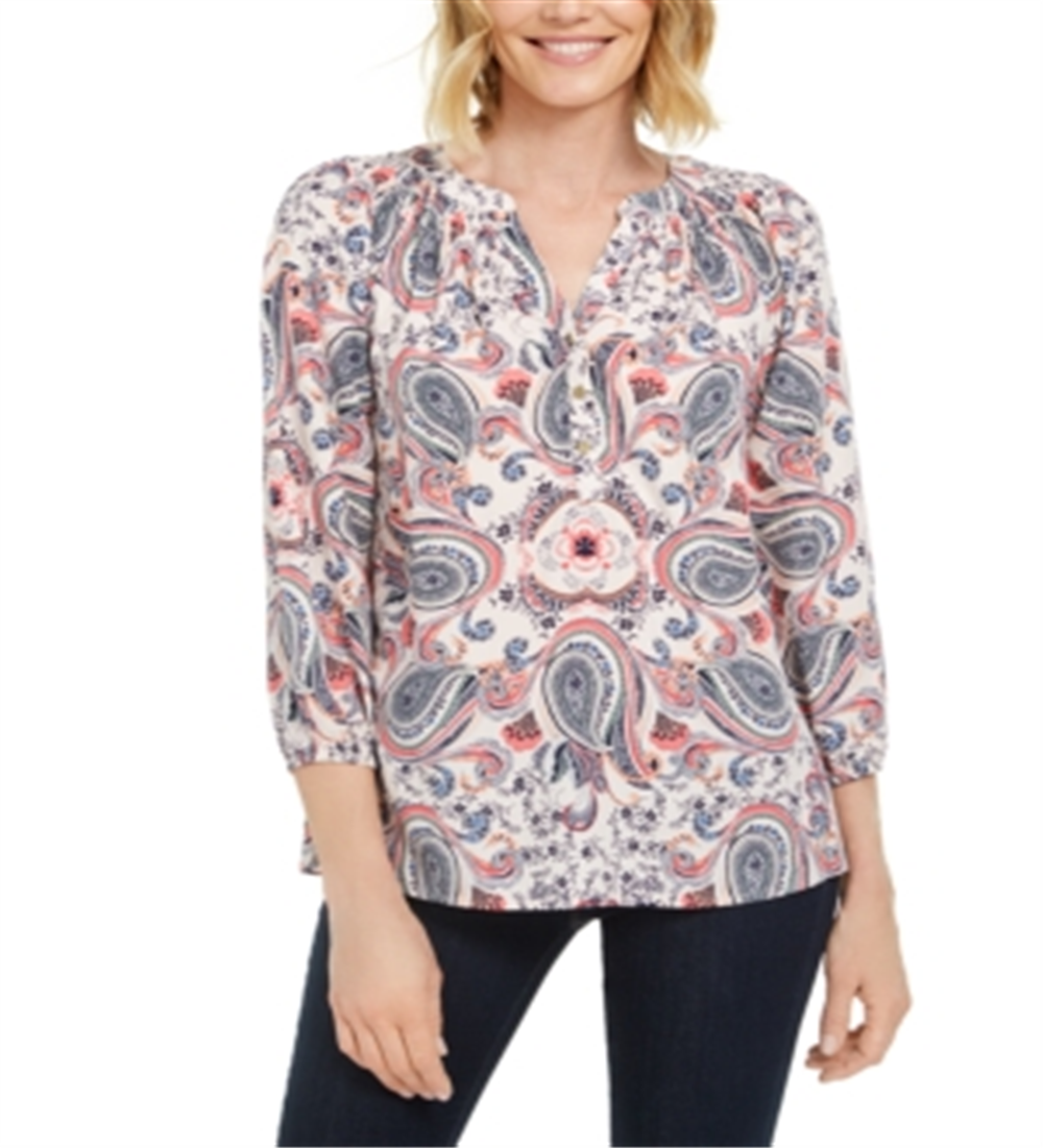 Charter Club Women's Printed Woven Top White Multi Size Medium