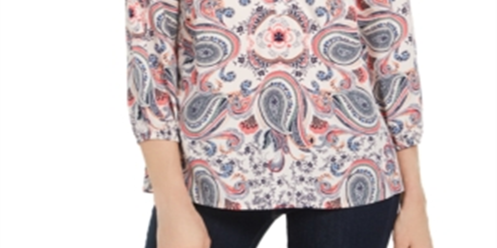 Charter Club Women's Printed Woven Top White Multi Size Medium