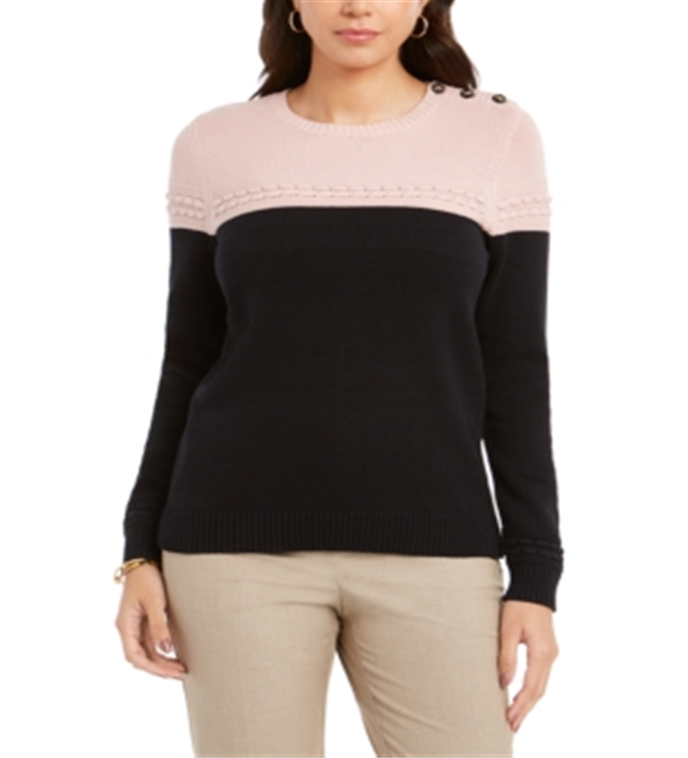 Charter Club Women's olorblocked Button Trim Sweater Pink Size Petite Small