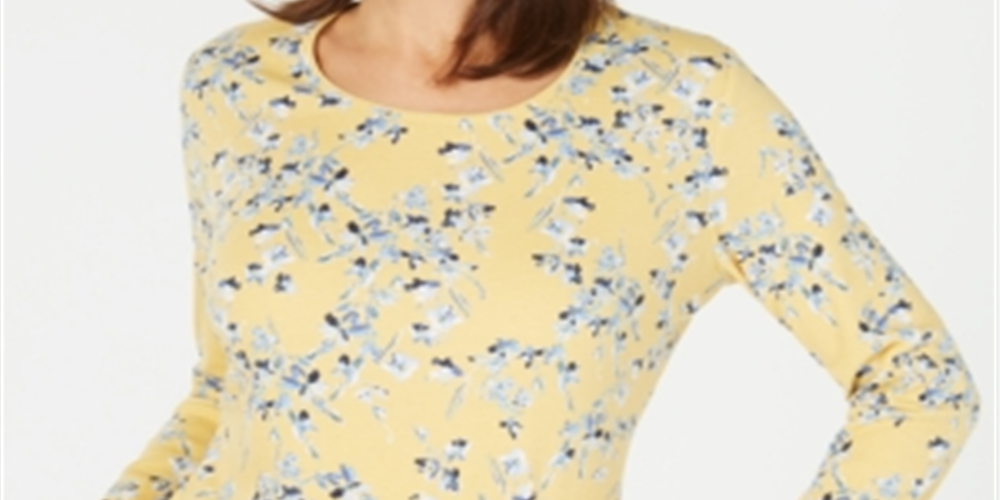 Karen Scott Women's Printed Long Sleeve Top Yellow Size Large