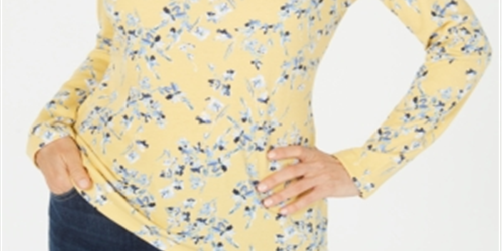 Karen Scott Women's Printed Long Sleeve Top Yellow Size Large