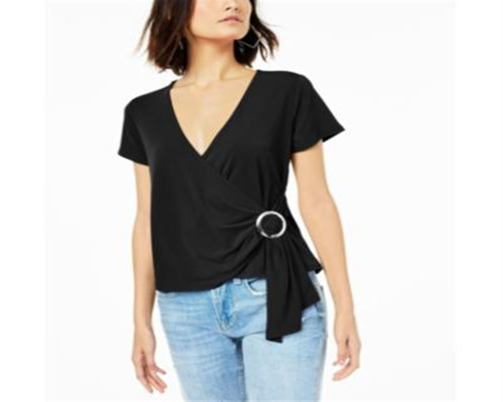 Bar III Women's Grommet Faux Wrap Top Black Size X-Small