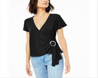 Bar III Women's Grommet Faux Wrap Top Black Size X-Small