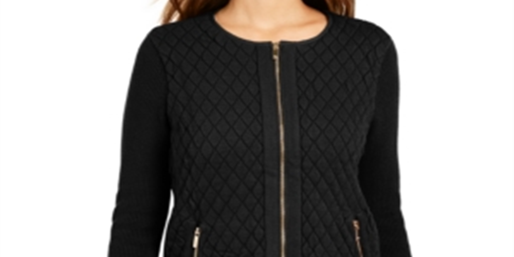 Charter Club Women's Zip Front Quilted Sweater Black Size Petite XL