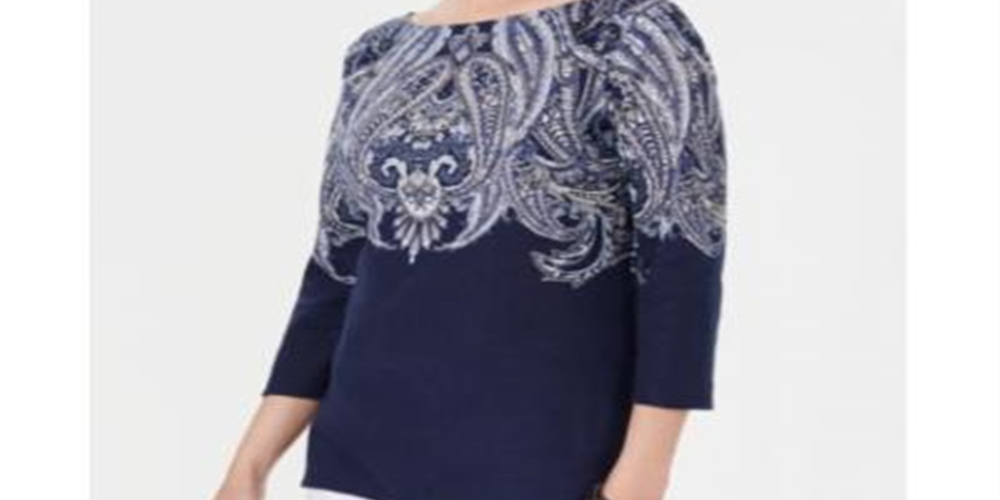 Karen Scott Women's Paisley Boat Neck Top Blue Size Petite L