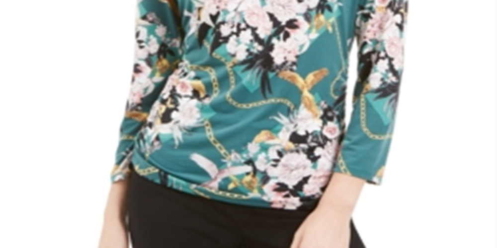 JM Collection Women's Printed Chain Neck Keyhole Top Green Size XX-Large