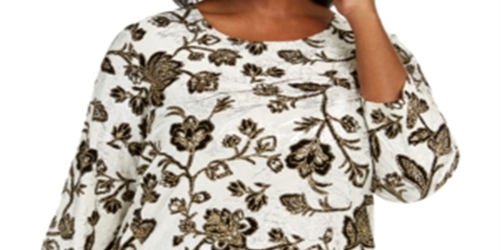 JM Collection Women's Plus Metallic Floral Print Top Black Gold  Size 1X
