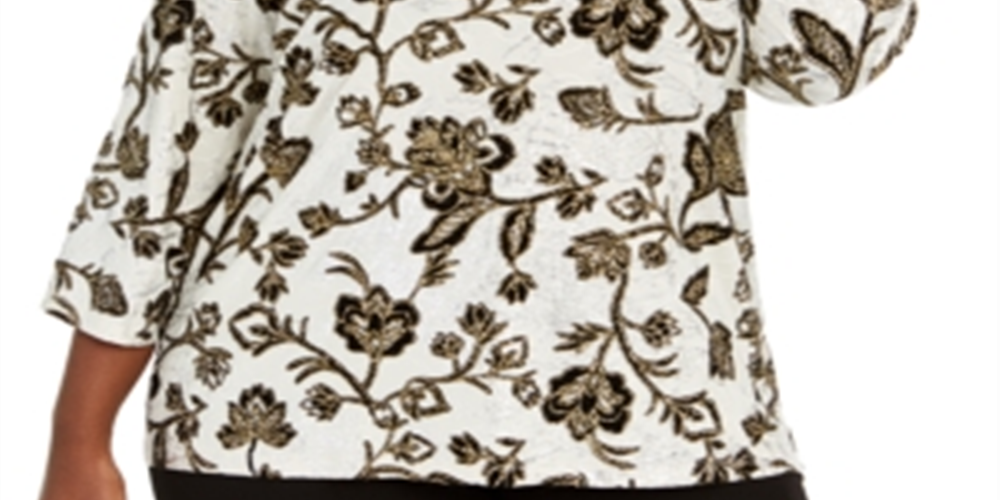 JM Collection Women's Plus Metallic Floral Print Top Black Gold  Size 1X