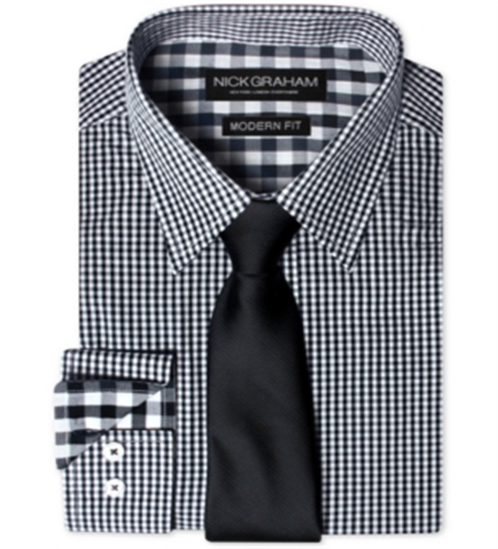 Nick Graham Men's Modern Fitted Gingham Dress Shirt & Dot Tie Set Black Size XX-Large