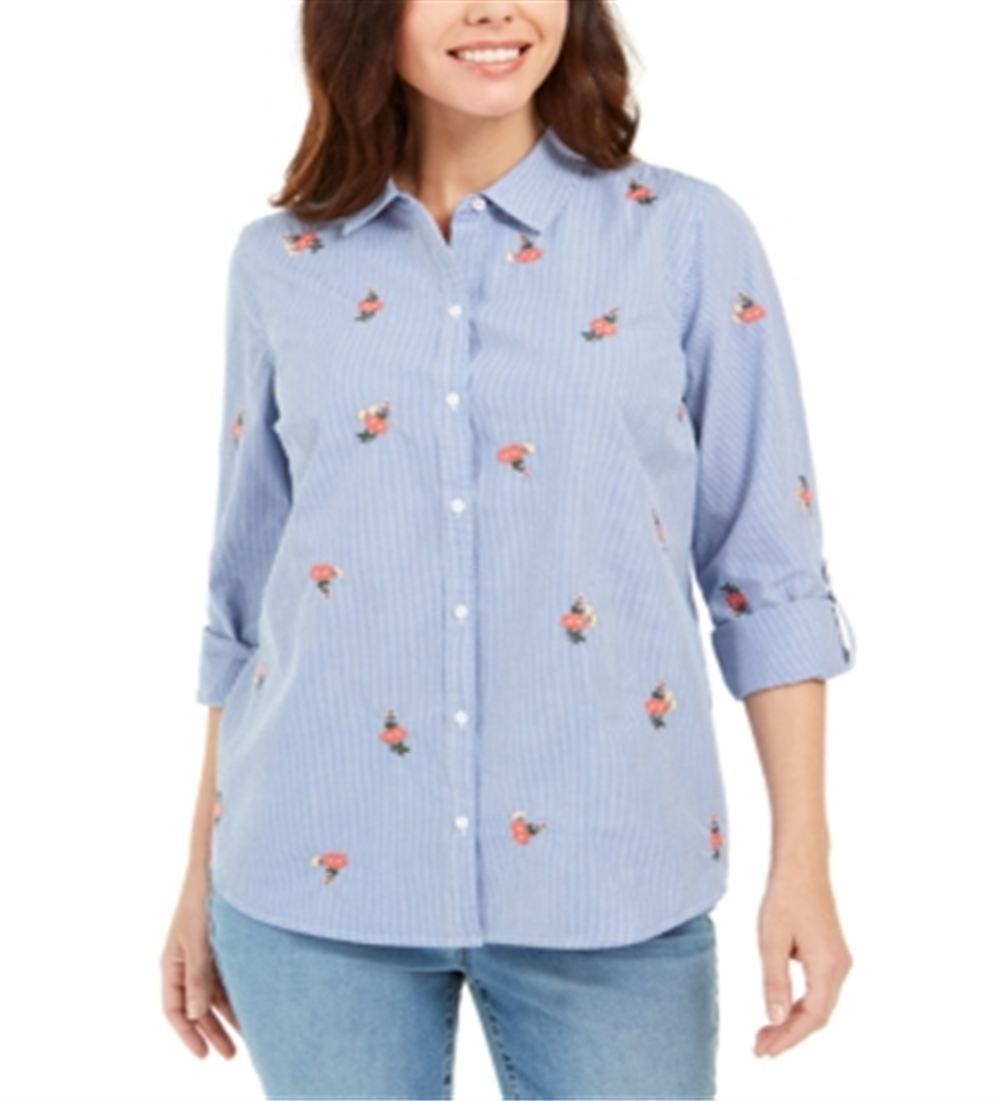 Charter Club Women's Shirt Embroidered Striped Blue Size Petite Small