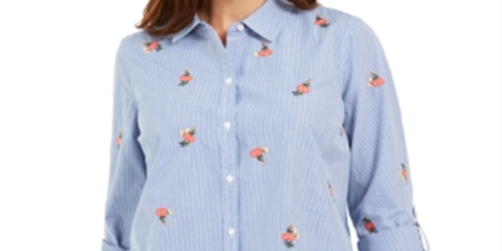 Charter Club Women's Shirt Embroidered Striped Blue Size Petite Small