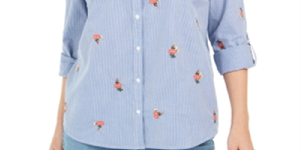 Charter Club Women's Shirt Embroidered Striped Blue Size Petite Small