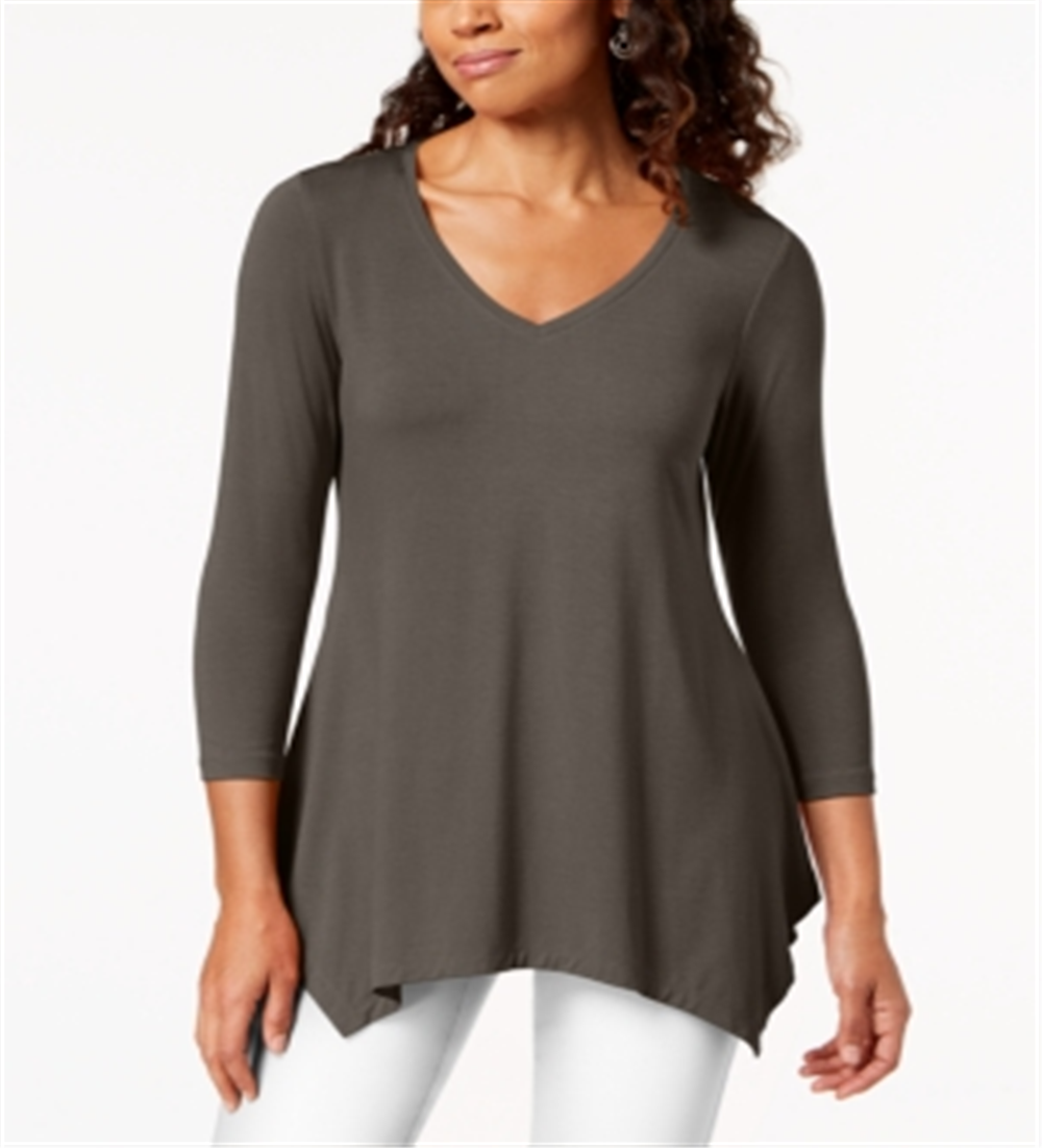 JM Collection Women's V Neck Handkerchief Hem Top  Brown Size Large