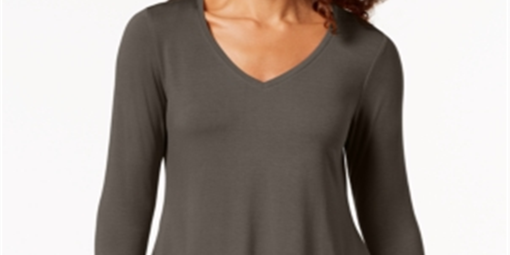 JM Collection Women's V Neck Handkerchief Hem Top  Brown Size Large