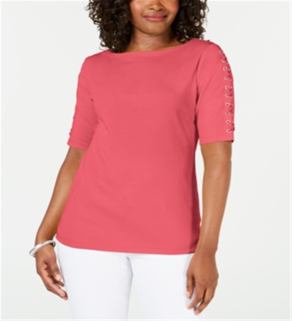 Karen Scott Women's Cotton Lace up Sleeve Top Coral Size Small