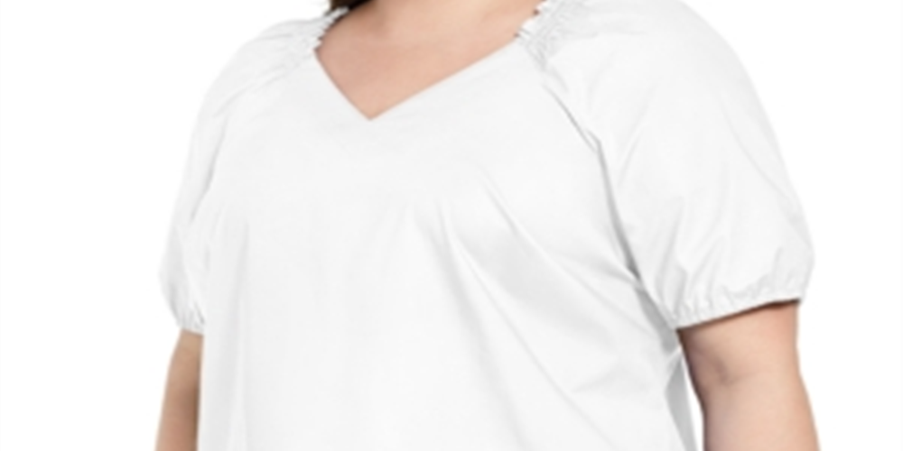 Alfani Women's Plus Smocked Trim V Neck Top White Size 2X
