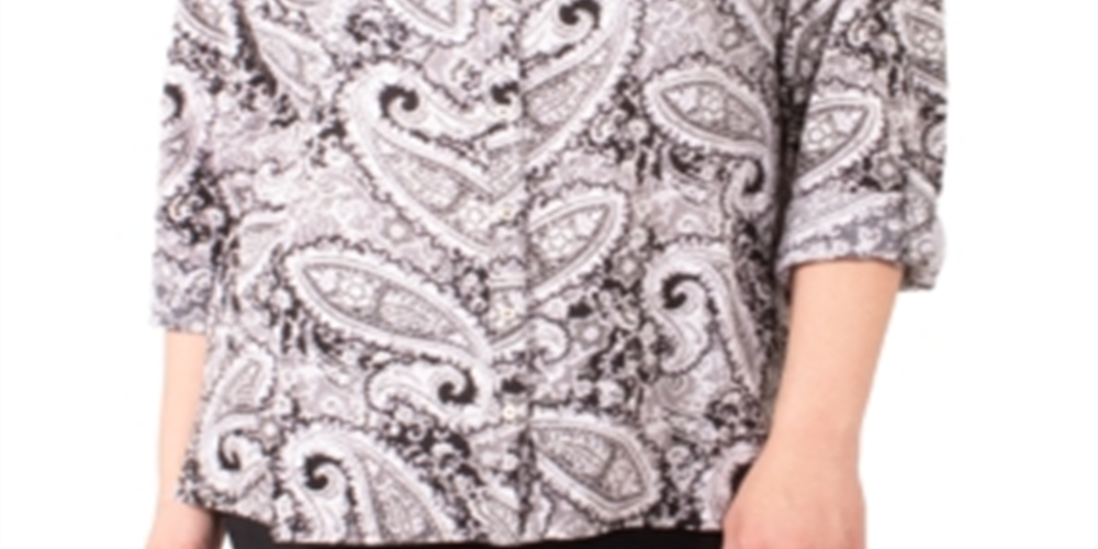 NY Collection Women's Plus Printed Button-Down Shirt Gray Size 1X