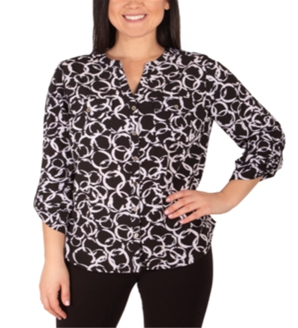 NY Collection Women's Printed Utility Blouse Black Size Petite XL