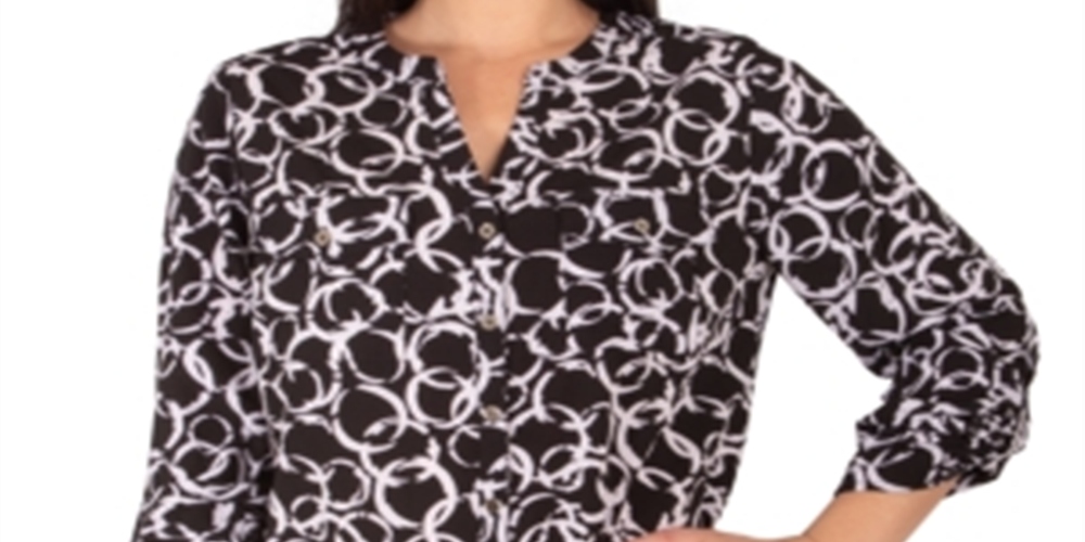 NY Collection Women's Printed Utility Blouse Black Size Petite XL