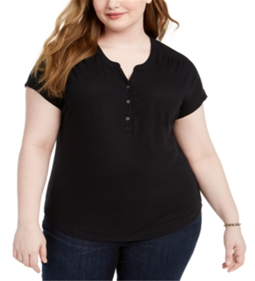 Style & Co Women's Plus Split Neck Top Black Size 2X