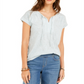 Style & Co Women's Tie Neck Striped Short Sleeve V Neck Top Green Size X-Small