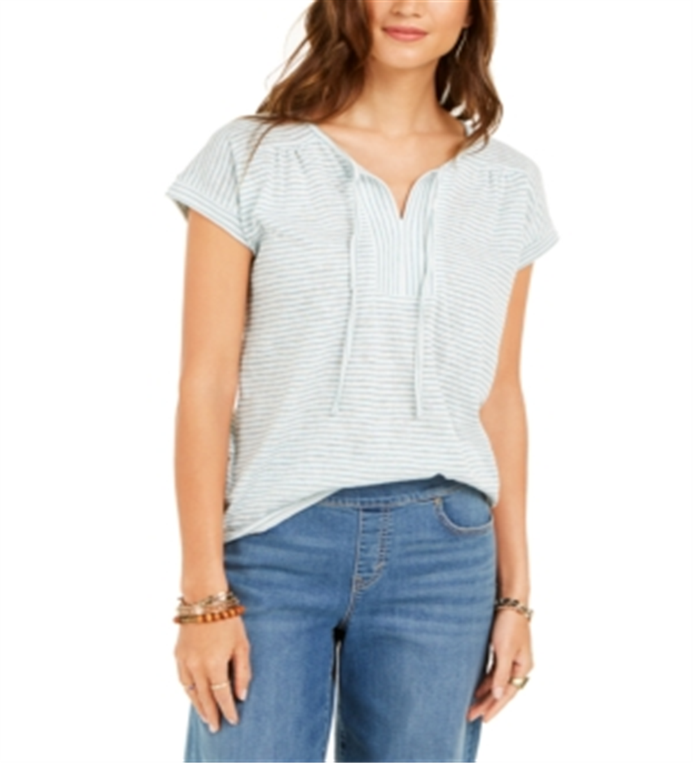 Style & Co Women's Tie Neck Striped Short Sleeve V Neck Top Green Size X-Small