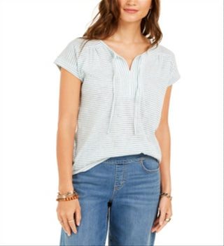 Style & Co Women's Tie Neck Striped Short Sleeve V Neck Top Green Size X-Small