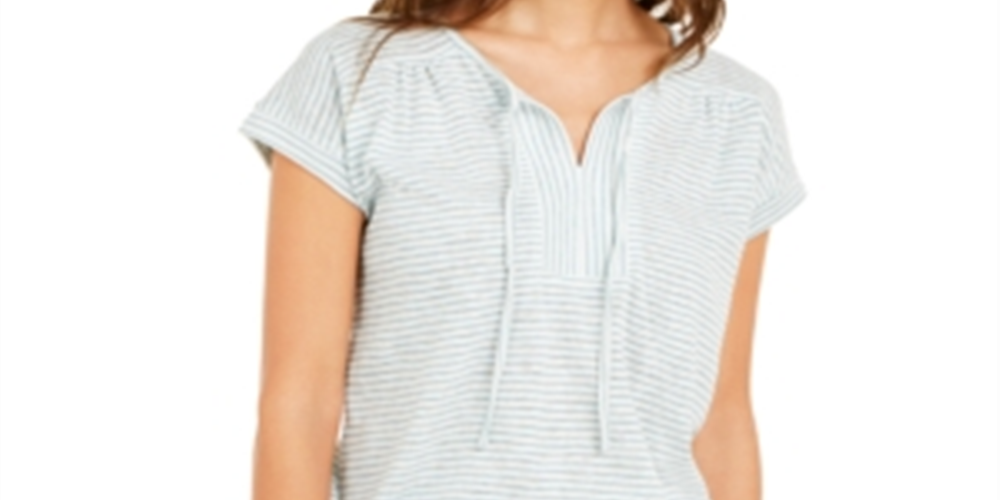 Style & Co Women's Tie Neck Striped Short Sleeve V Neck Top Green Size X-Small