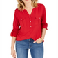 Style & Co Women's Split Neck Roll Tab Sleeve Top Red Size Small