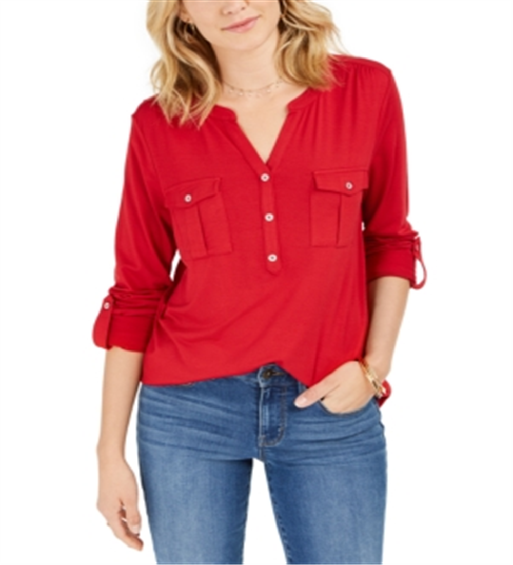 Style & Co Women's Split Neck Roll Tab Sleeve Top Red Size Small