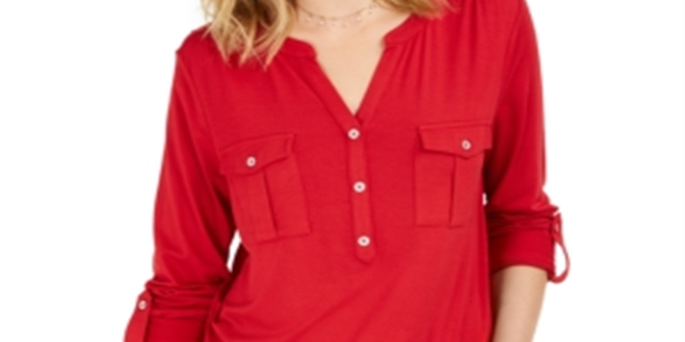 Style & Co Women's Split Neck Roll Tab Sleeve Top Red Size Small
