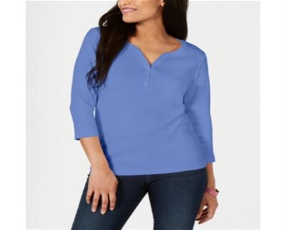 Karen Scott Women's Cotton Henley Shirt Blue Size Petite Small