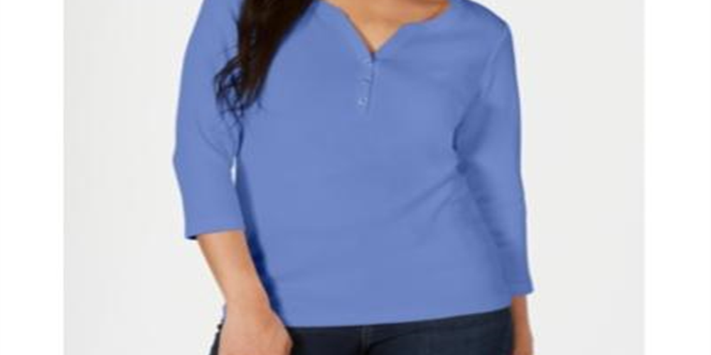 Karen Scott Women's Cotton Henley Shirt Blue Size Petite Small