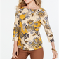 Charter Club Women's Printed Cotton 3/4 Sleeve Top Yellow Size Large