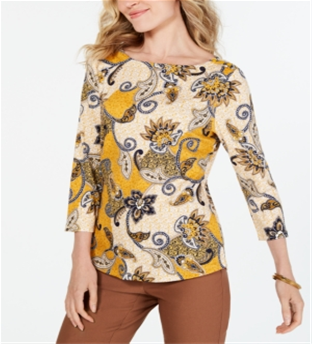 Charter Club Women's Printed Cotton 3/4 Sleeve Top Yellow Size Large