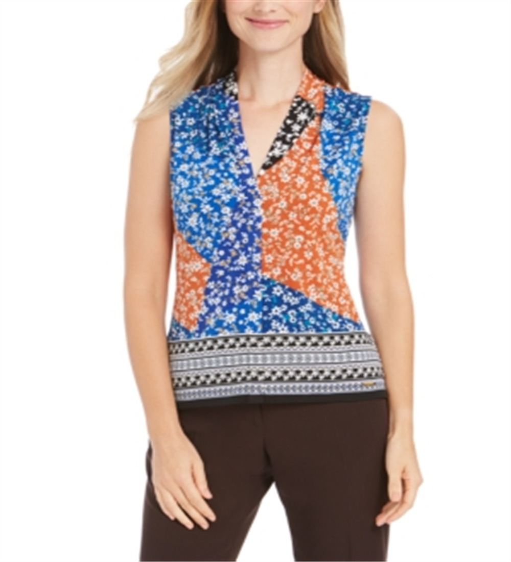 Calvin Klein Women's Floral Patchwork Print Top Blue Size Small