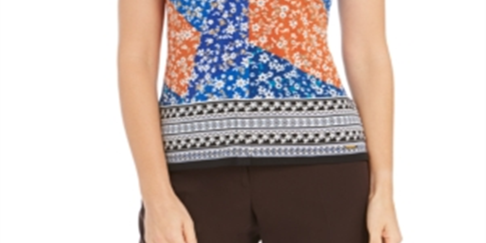 Calvin Klein Women's Floral Patchwork Print Top Blue Size Small