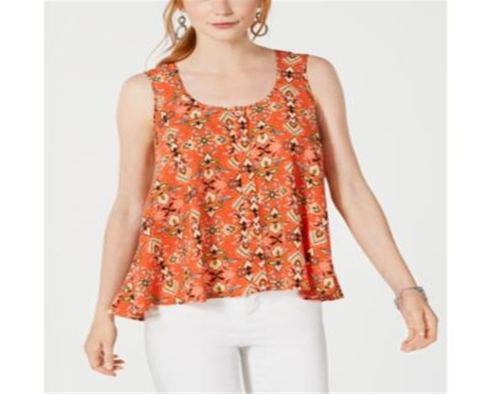 Style & Co Women's Printed Sleeveless High Low Swing Top Orange Size Small